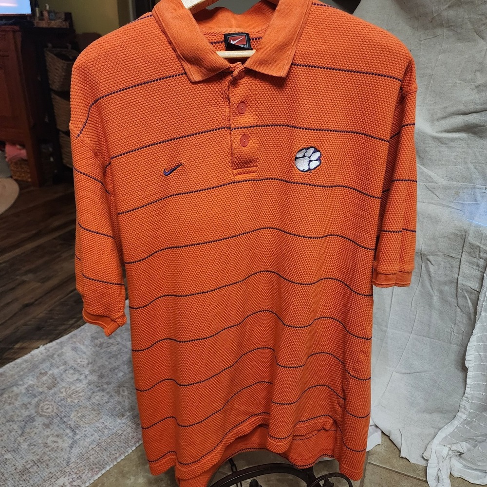Vintage Nike Team Clemson Tigers Polo Shirt Orange Waffle Knit Y2K 2002 XL